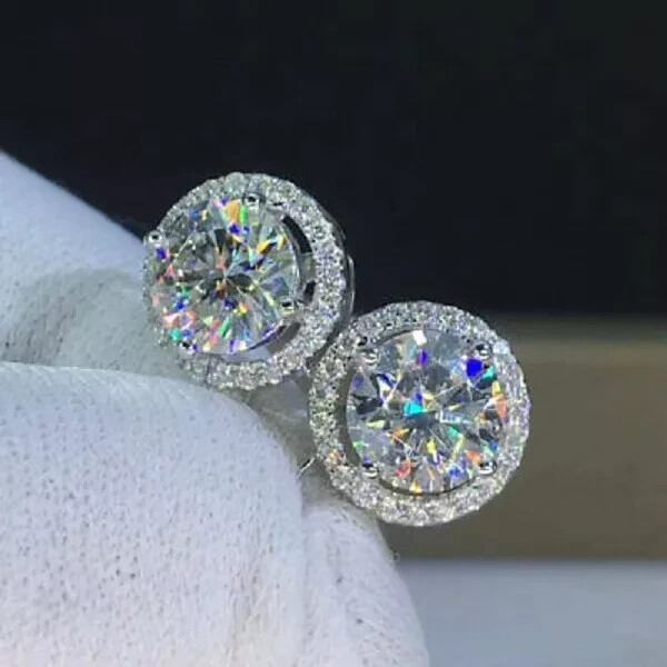 4.20Ct Lab Created Diamond Push Back Halo Stud Earrings 14K White Gold Finish
