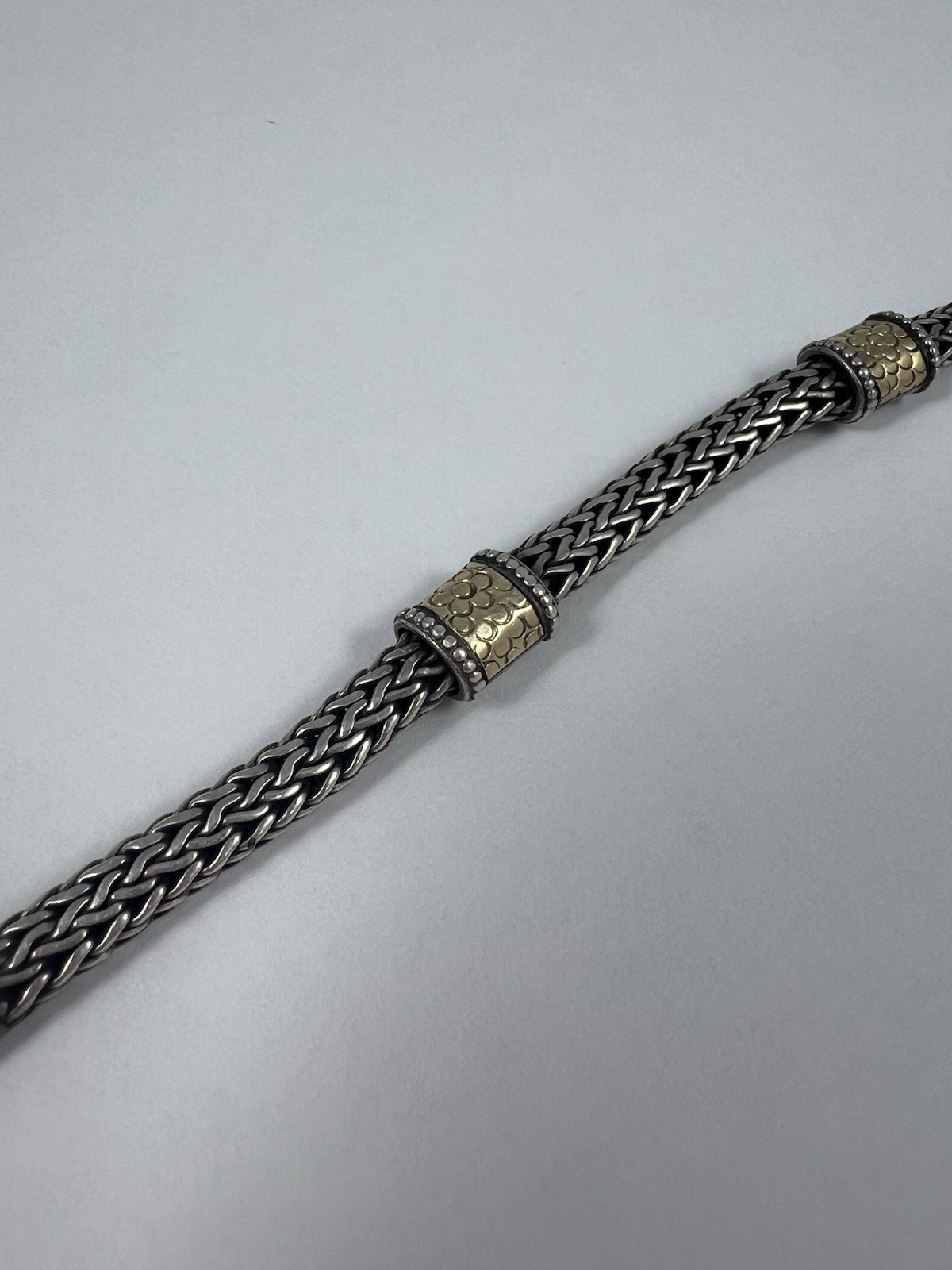 John Hardy 18k & 925 Sterling Four Pattern Station Classic Chain Bracelet 8” 6mm