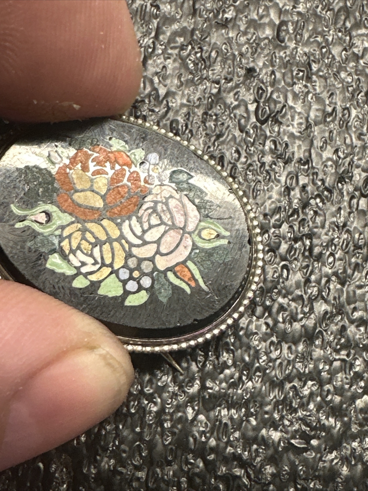 Antique Pietra dura inlay stone victorian brooch As Is