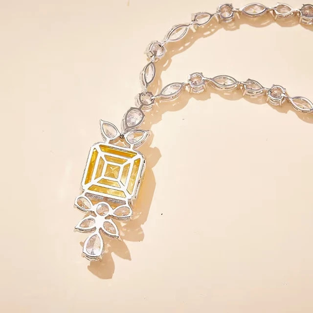 31Ct Asscher Lab-Created Yellow Sapphire & Diamond Necklace 14KWhite Gold Plated