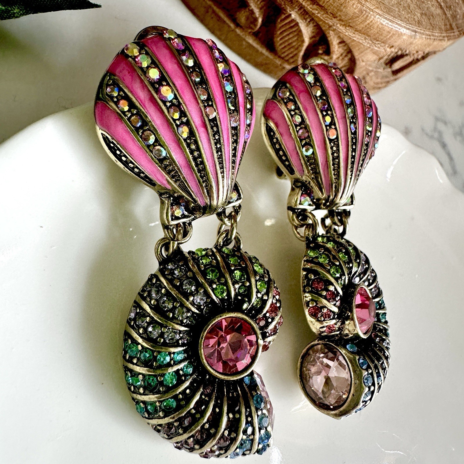 Pink Gold Rhinestone Conch Shell Earrings Mermaid Ocean Beach Gift Jewelry NEW