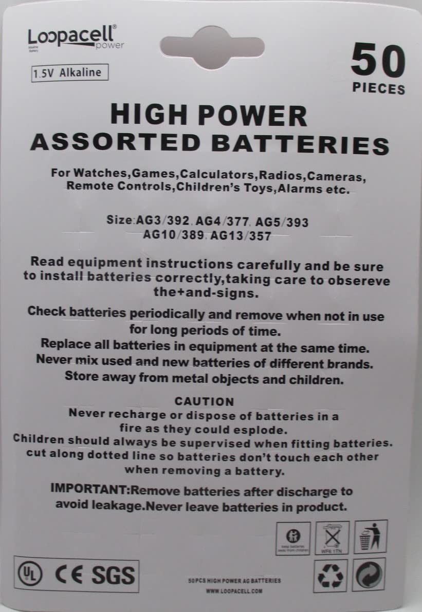 Loopacell High Power Super Alkaline Button Cell Assorted 50 Count (Pack of 1)