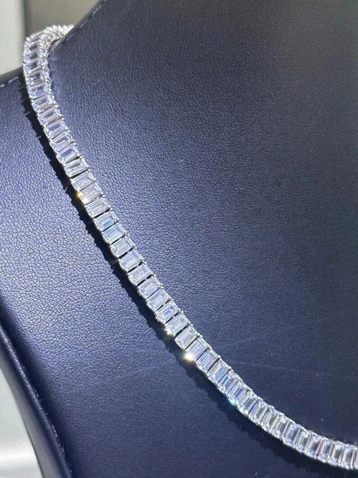 35CTW Created Emerald Cut Diamond Womens Tennis Necklace 14K White Gold Plated