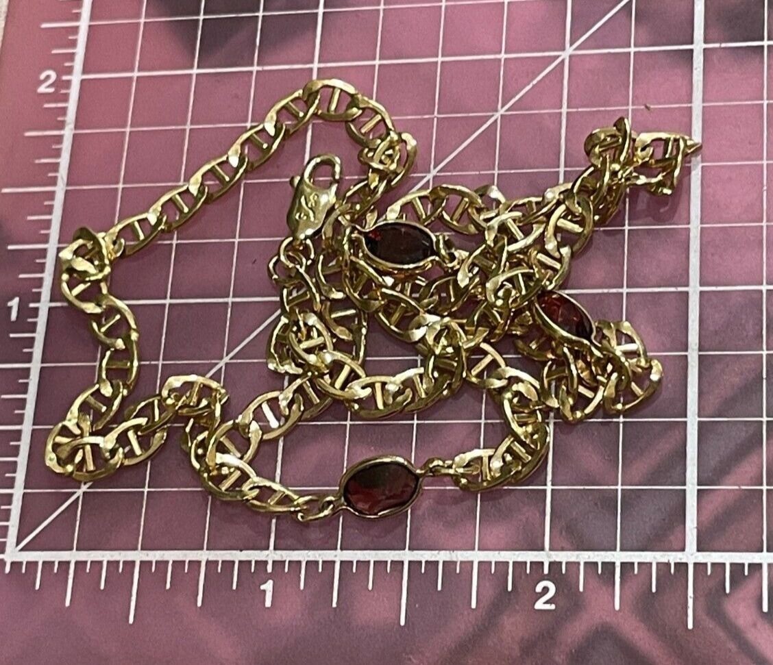 Vtg 1/30 14K Gold Over Sterling Mariner Link Red Glass Station Necklace 17.5″