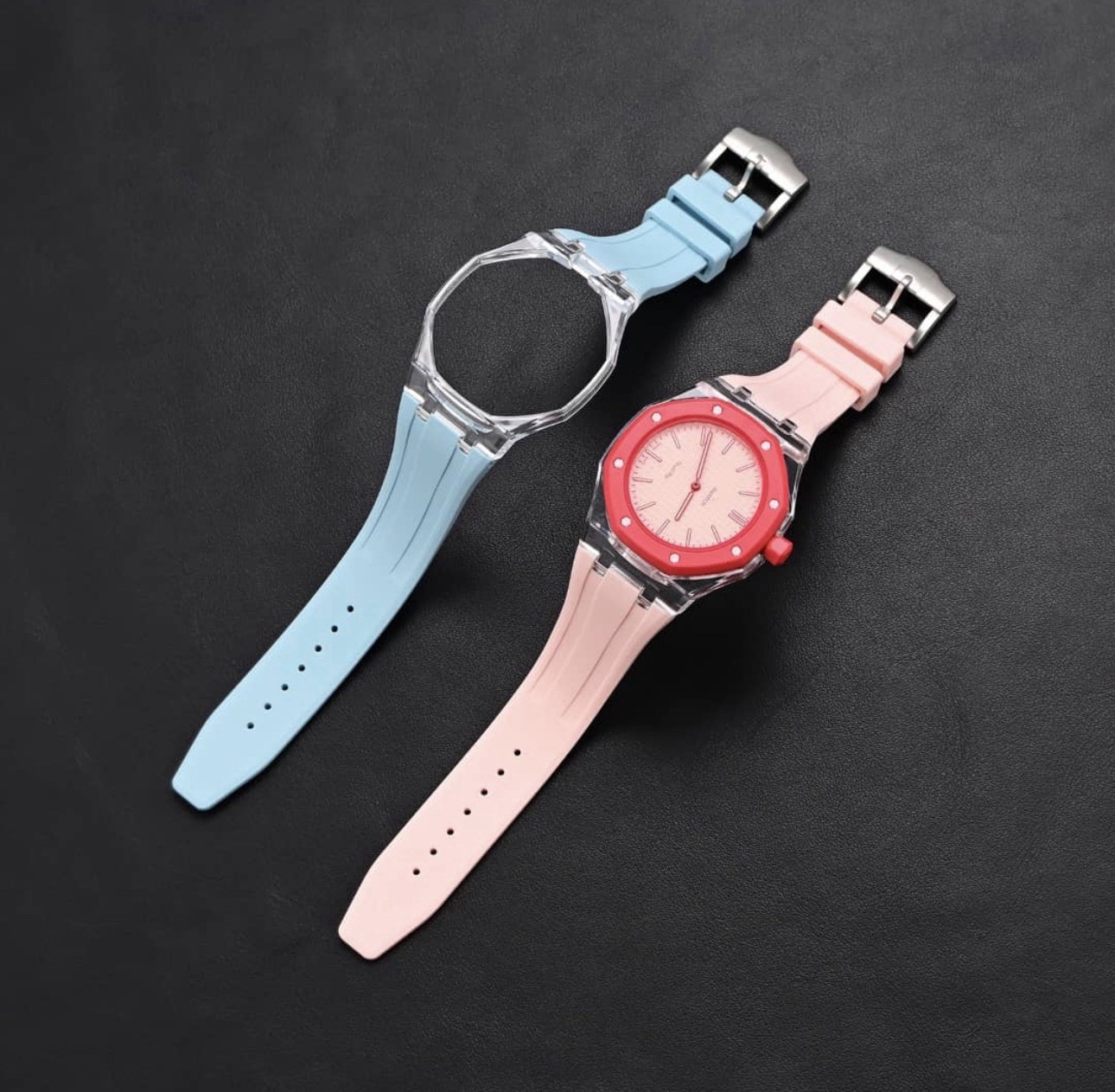 Pink/Clear BioCeramic Case Wristwatch Band Strap For Royal Pop AP X Swatch