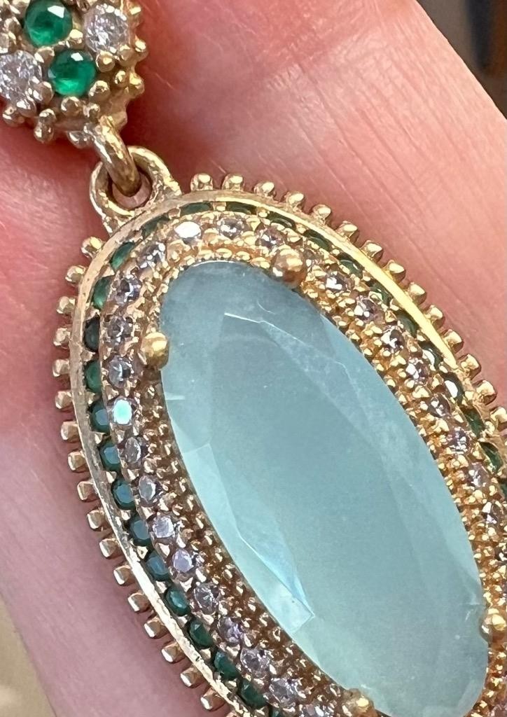 REAL Milky Aquamarine 14K Gold on SOLID 925 White Sapphire Victorian Rev Oblong
