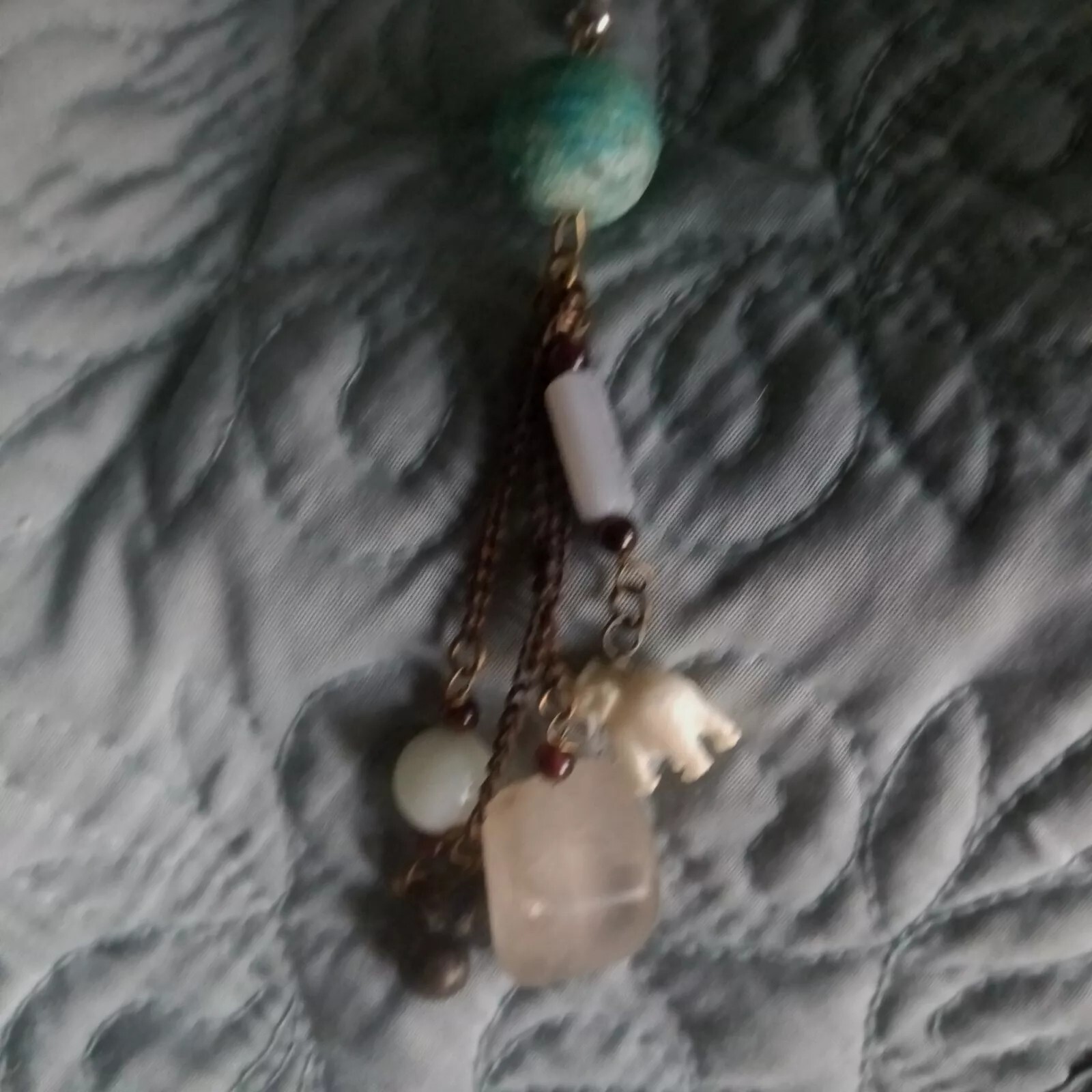Crafted Dangle Drop Earrings 4″. Beads Granite Heart Elephant on Verdigris Ball.