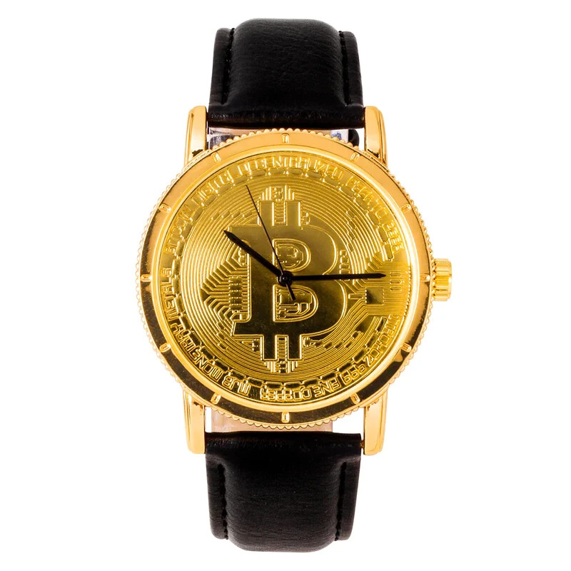 Men’s Iced BITCOIN Dial Hip Hop Gold PT Leather Band Fashion Urban Style Watch