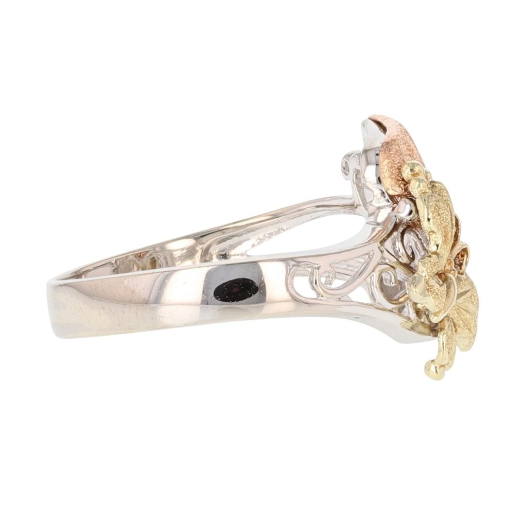 15.1mm Textured Butterfly & Leaves Ring 14k Multi-Tone Gold 4.31 Grams Size 7.75