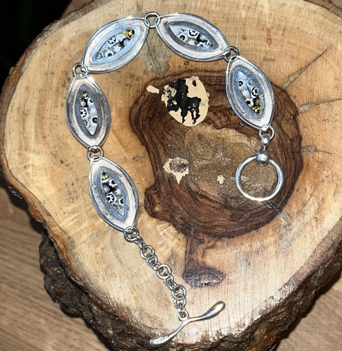 Sterling Silver 925 Millefiori Glass Floral Toggle Closure Bracelet Stamped