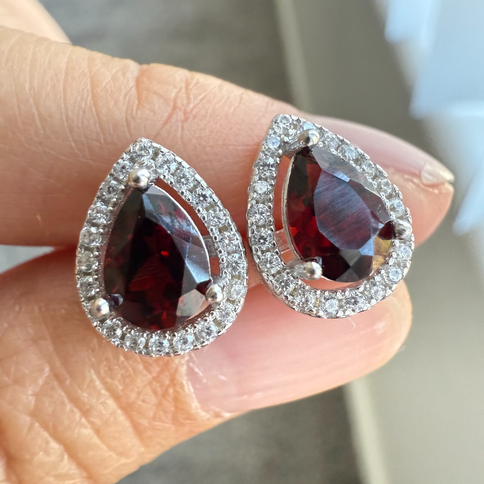 925 Sterling Silver Earrings 7x5mm Rhodolite Garnet Zircon Teardrop Handmade Red