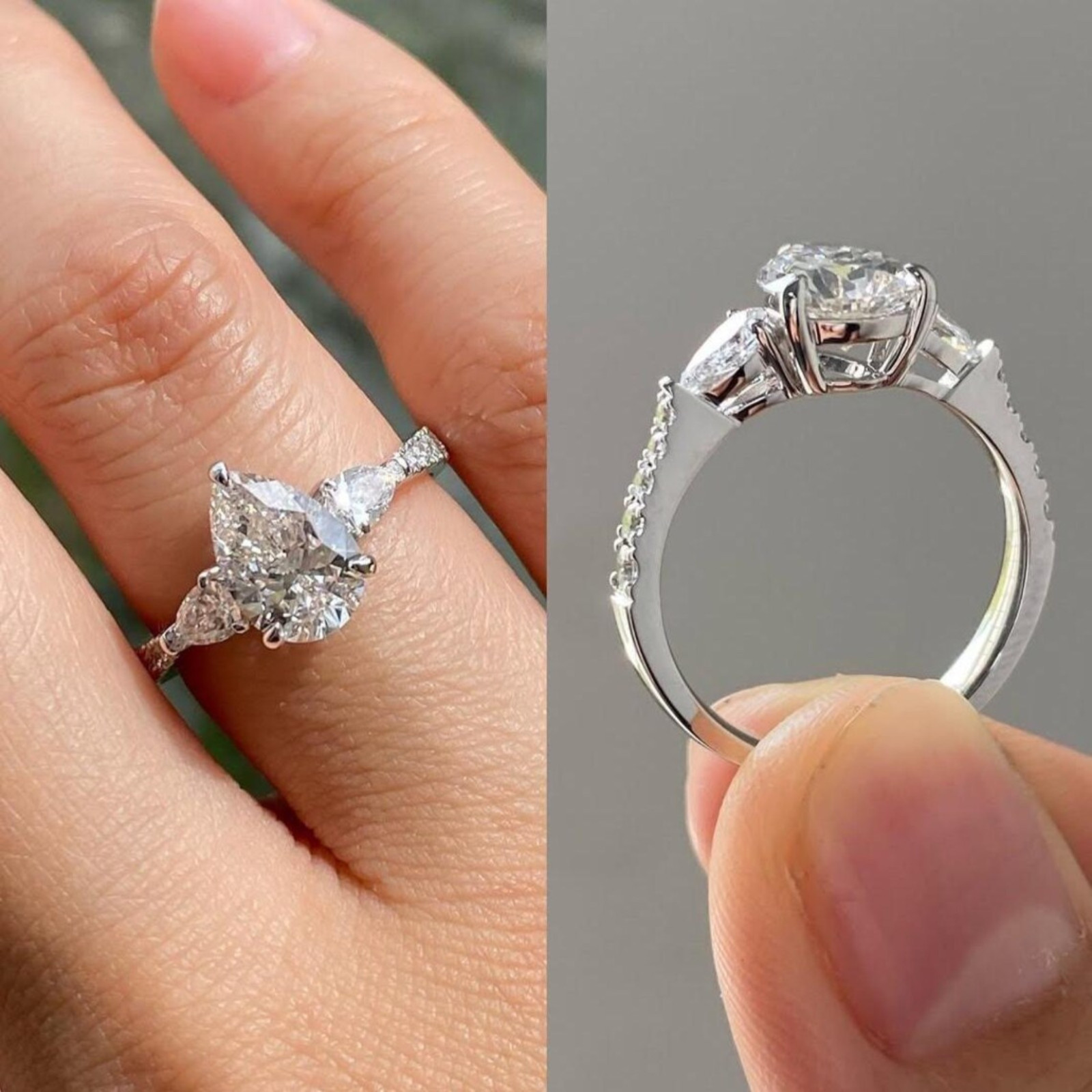 1.50 CT Three Stone Pear Cut Lab Grown Diamond Engagement Ring | 14k White Gold