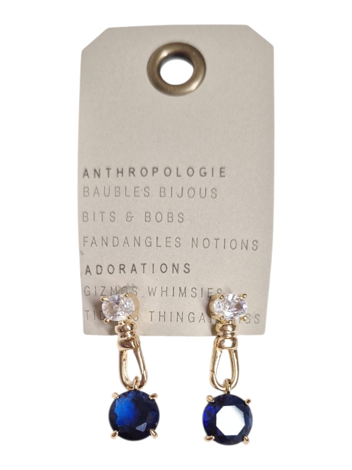 Anthropologie Crystal Clasp Drop Earrings Sapphire Blue 14k Gold Plate Brass NWT