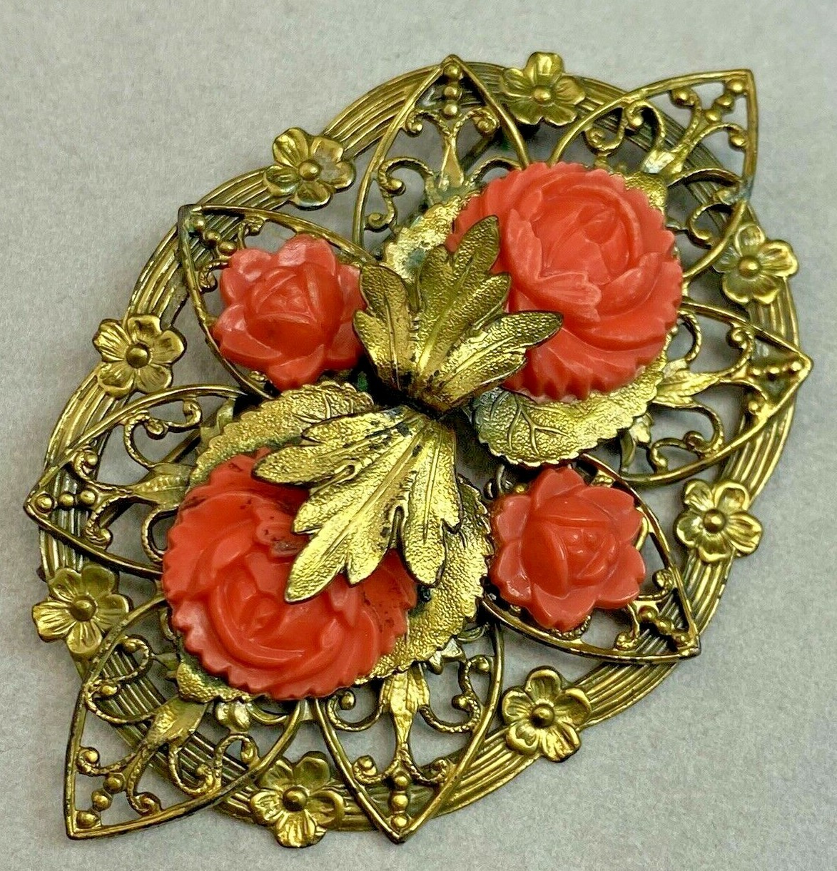 Vintage Filigree Brooch Estate Jewelry Pre-Owned Coral Rose XXL Die Struck