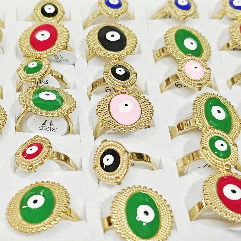 36 Pcs 4mm Evil Eye Enamel Stainless Steel Rings Oval Unisex Stackable Jewelry