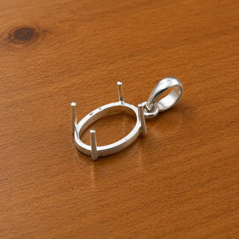 925 Sterling Silver 10x12mm Oval Prong Pendant Setting Handmade DIY Jewelry