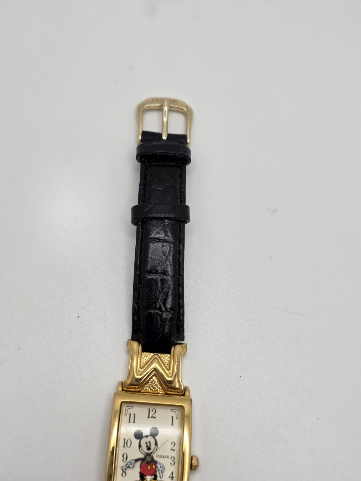Pulsar Disney Mickey Mouse Gold Tone Rectangle Quartz Watch Black Leather Strap