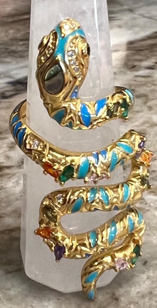 REAL Gemstones 14K Gold on SOLID 925 Snake Ring wrap Egyptian Rev Yellow gf