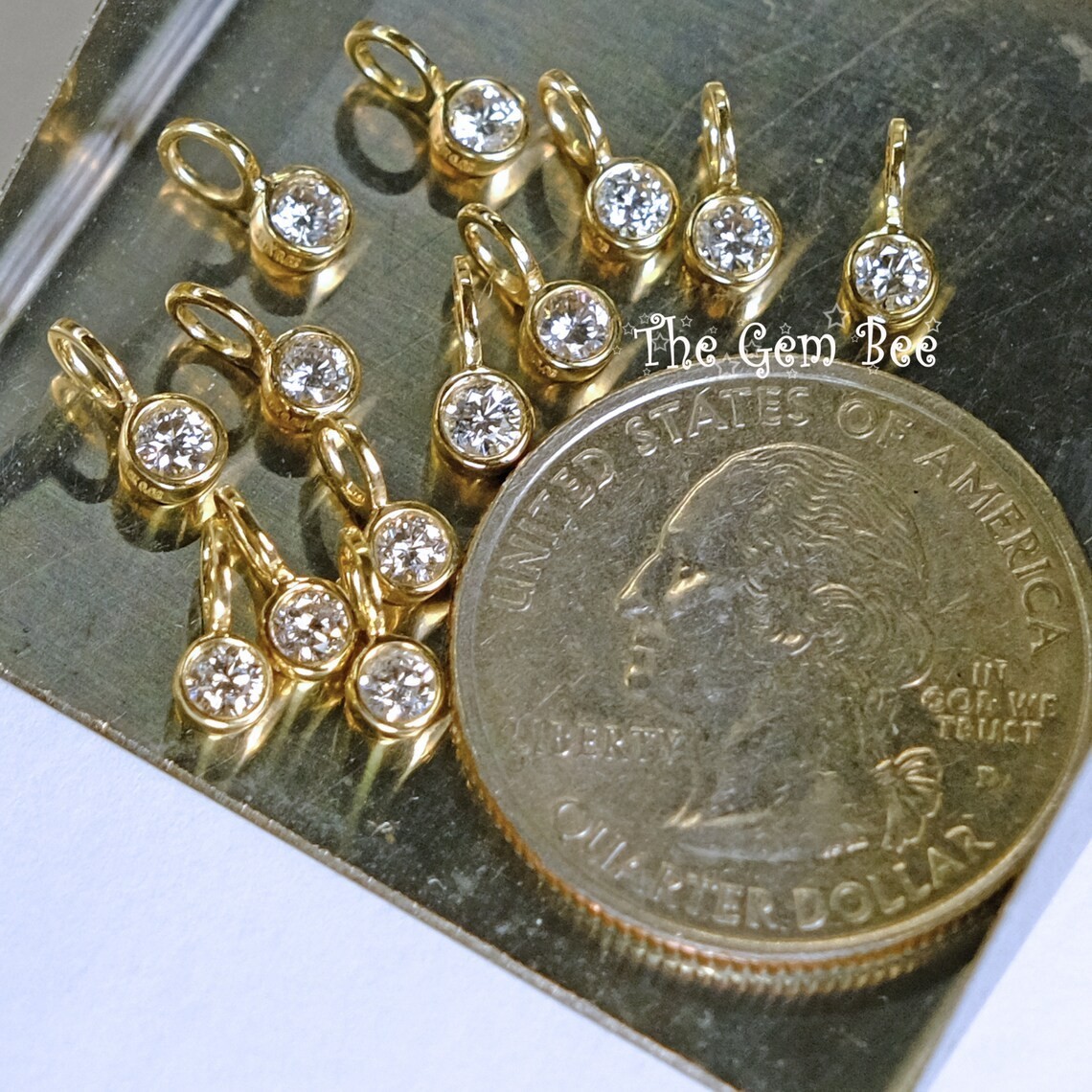 0.09CT 14k Yellow Gold Brilliant Cut Diamond Bezel Charm Pendant with Large Hole