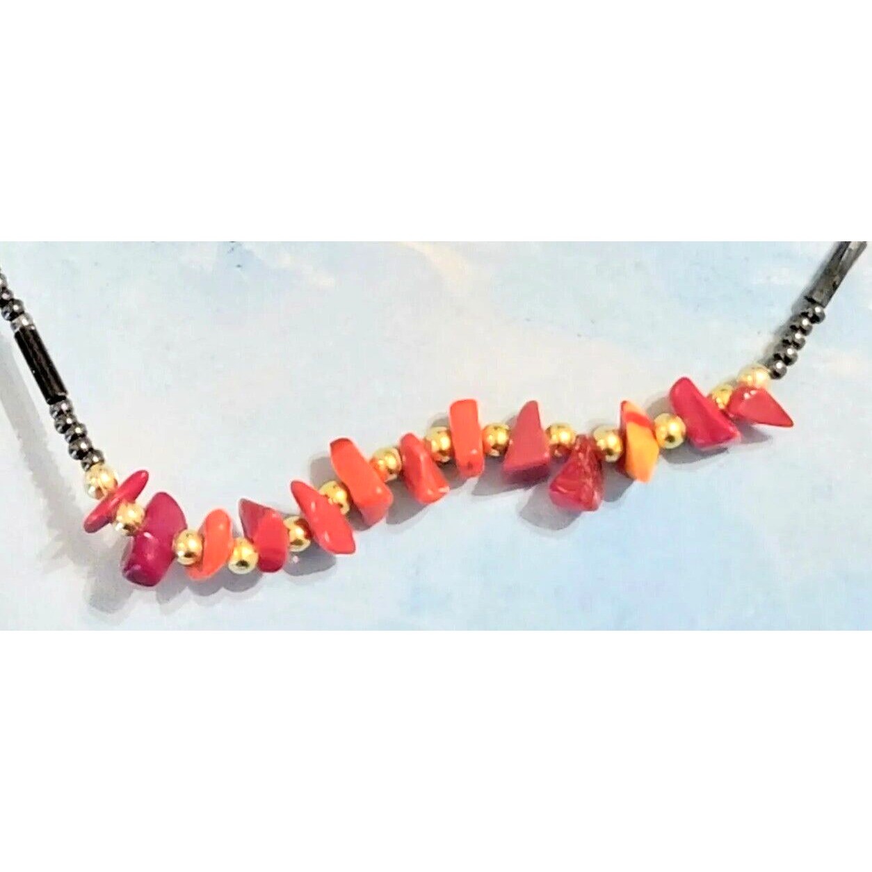 Vintage Agate Hematite Beaded Necklace Surfer, Colorful Boho Beach rd01-29