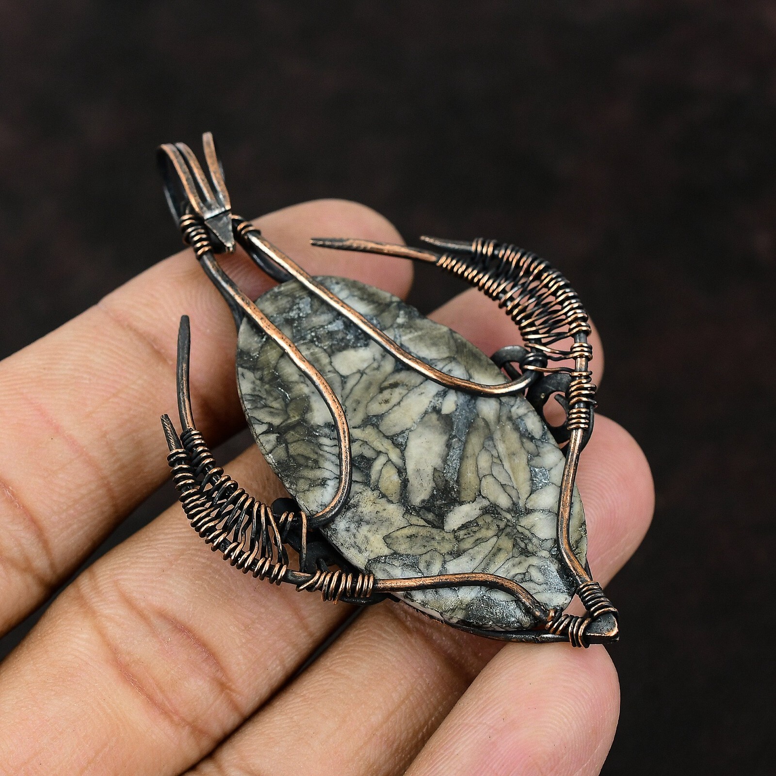 Pinolith Jasper Gemstone Jewelry Copper Bestie Gift Wire Wrapped Pendant 2.91″