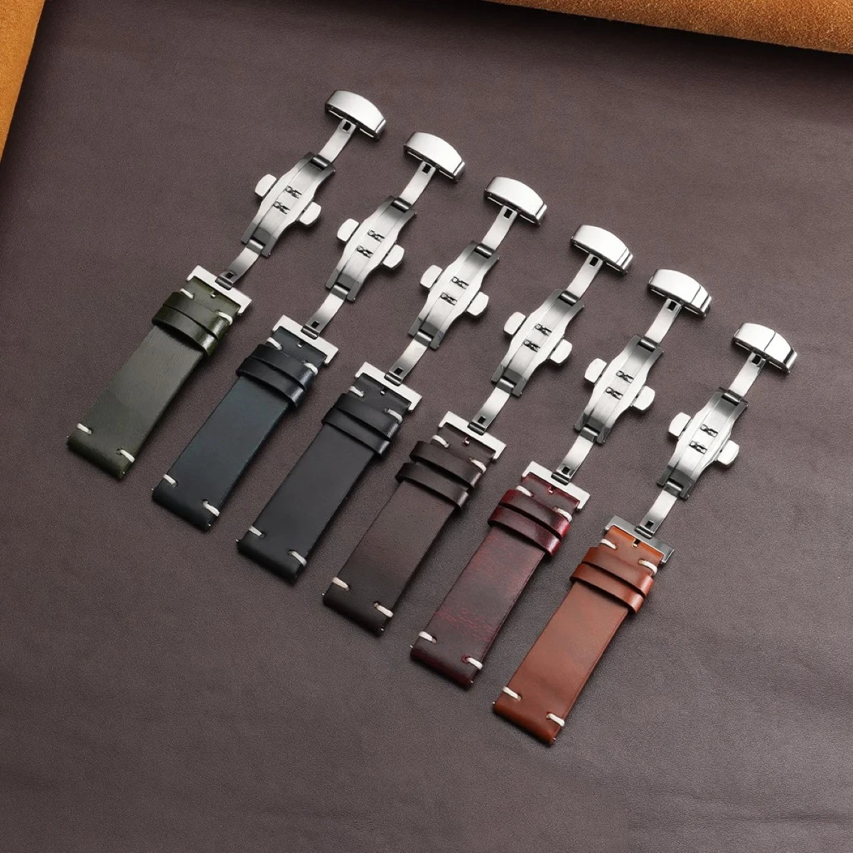 Genuine Leather Butterfly Buckle Watch Bands 18/20/22mm Waterproof Retro Oil Wax