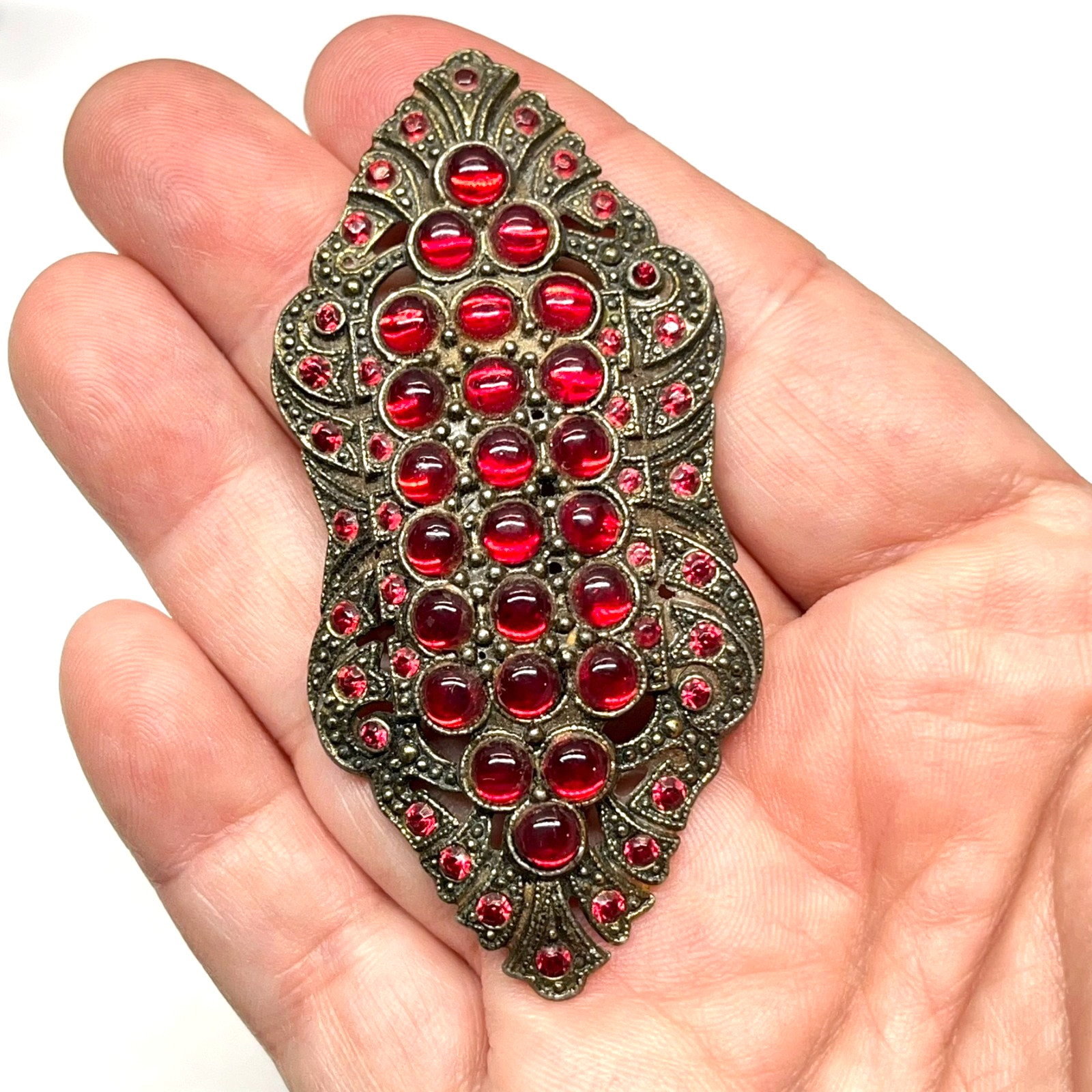 Antique VTG 1930s Art Deco Czech Bohemian Glass Pomegranate Red Cabochon Brooch