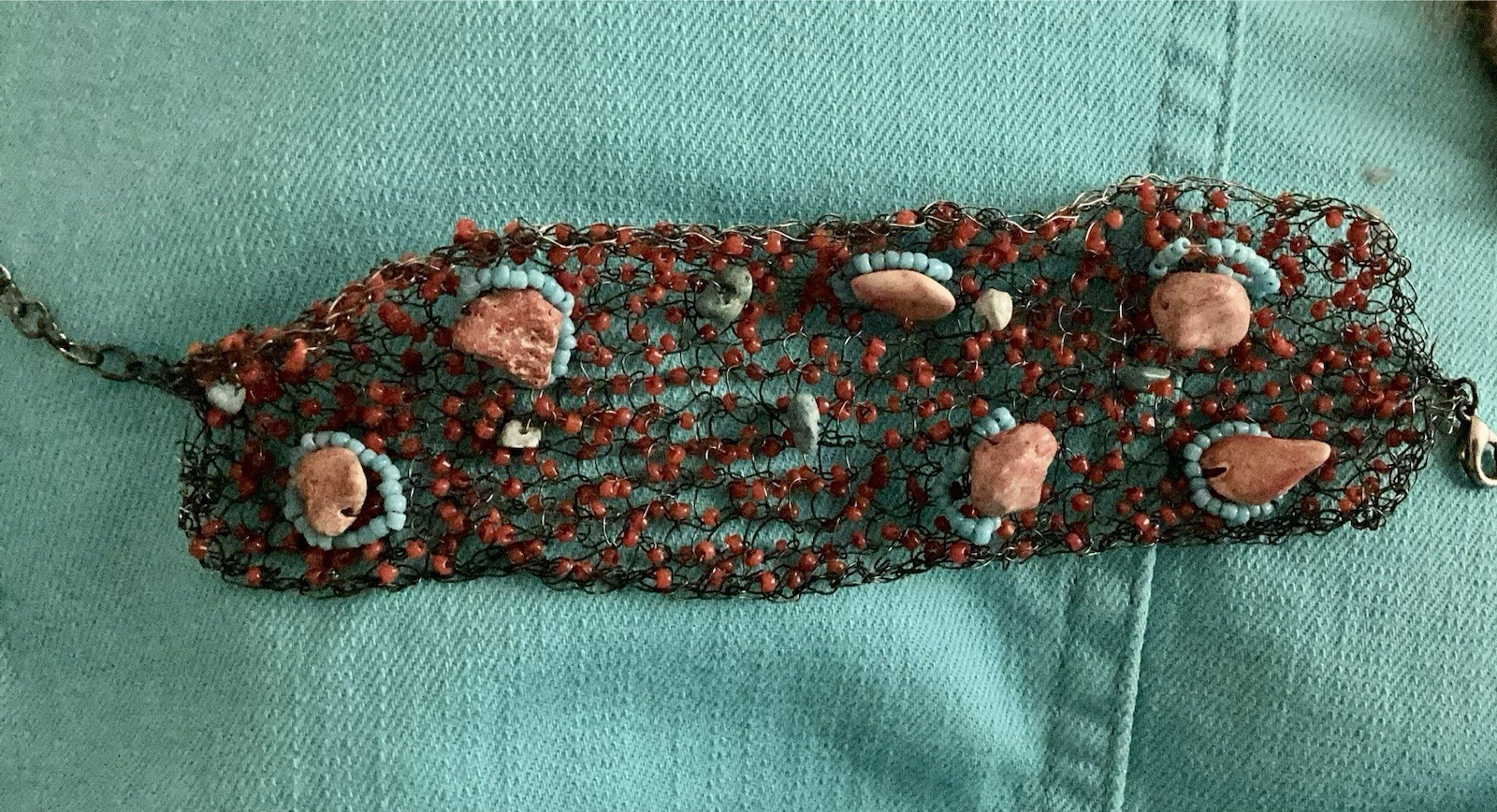 Handmade Knitted Wire, Bead, and Stone Bracelet Red and Aqua – One Of A Kind