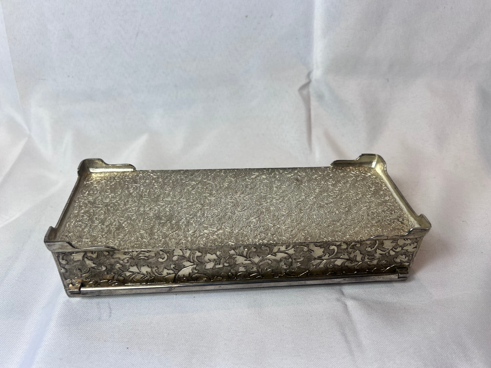 Vtg Silver Tone Jewelry Box Mirrored Dresser Vanity Table Top Lined Case
