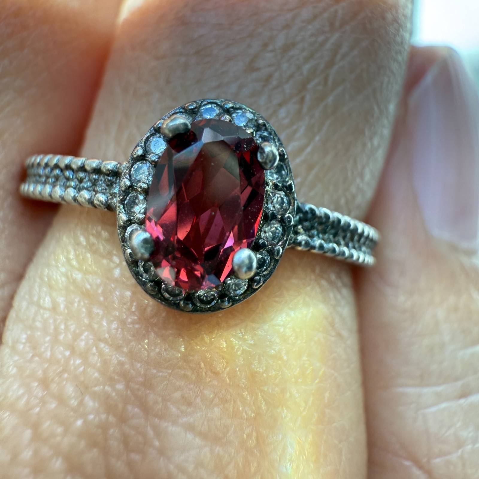 925 Sterling Silver Ring 6x4mm Natural Rhodolite Garnet Zircon Flower Red Gift