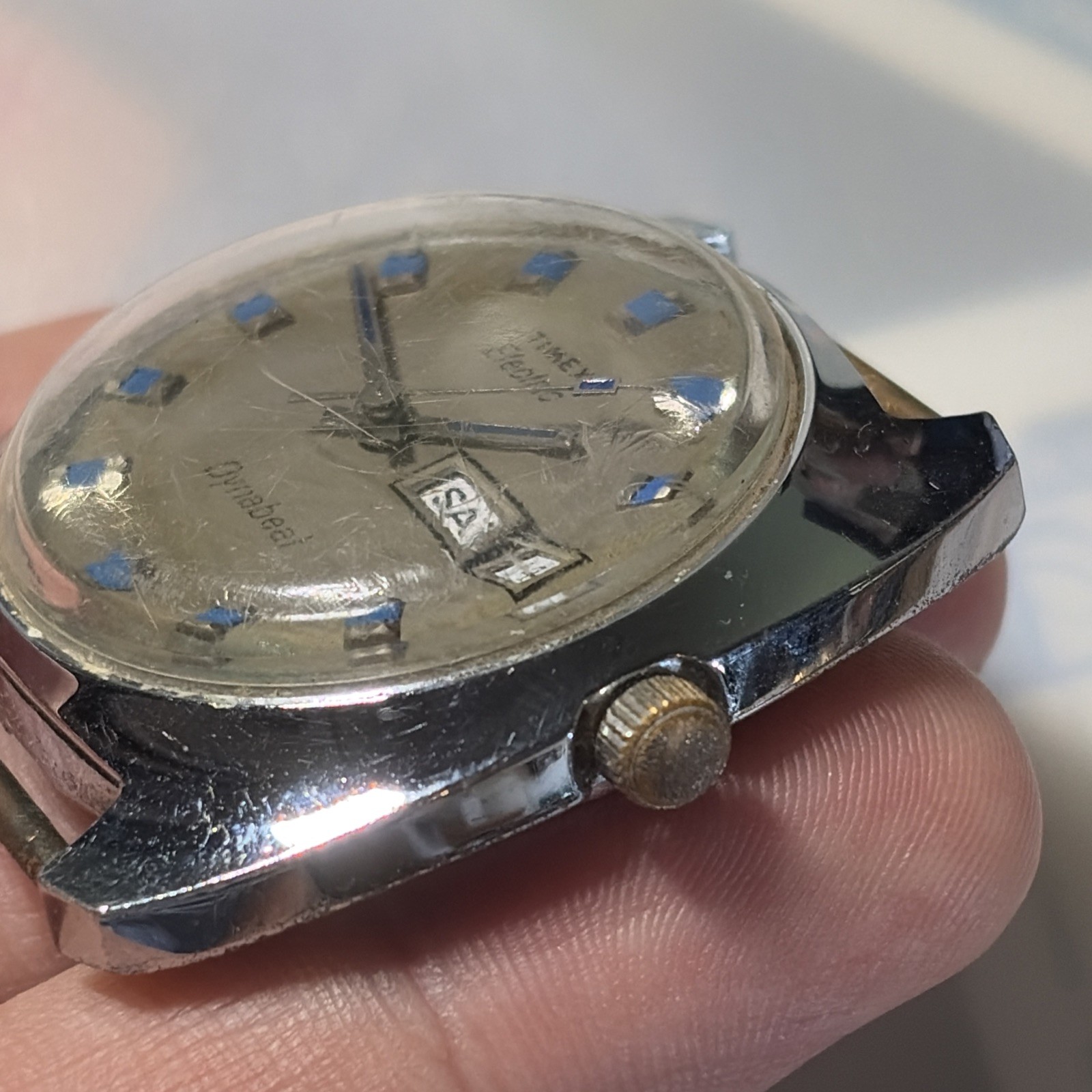 Vintage Men’s TIMEX Electric Dynabeat Day/Date, Blue Indices For Parts/Repair