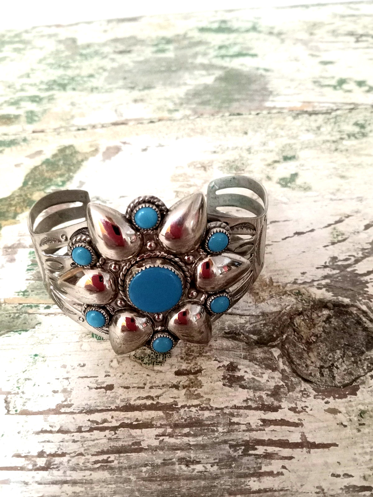 Vintage Bell Nickle Silver Faux Turquoise Cuff Bracelet