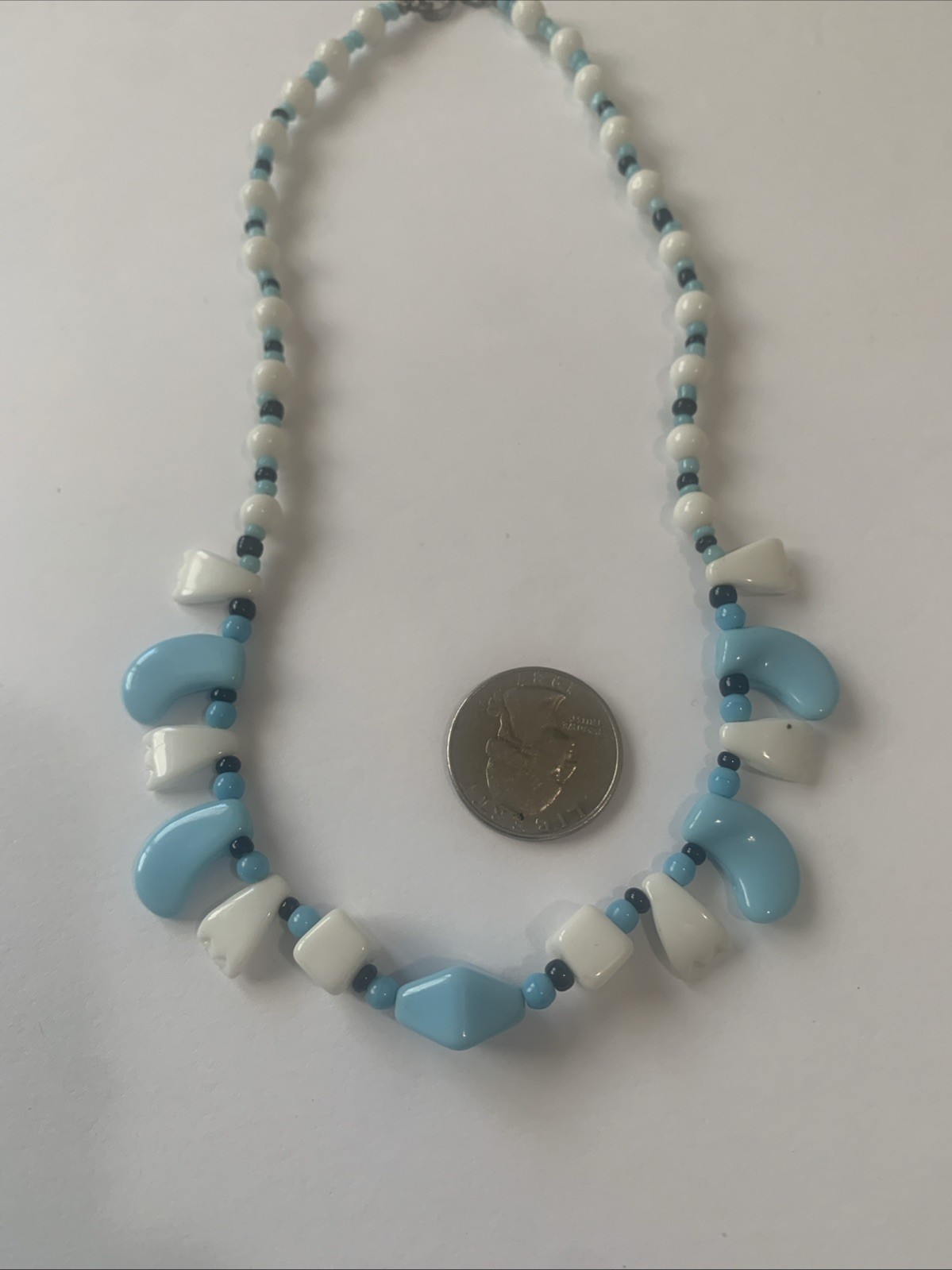 Vintage Style Blue and White Beaded Necklace with Unique Clasp.