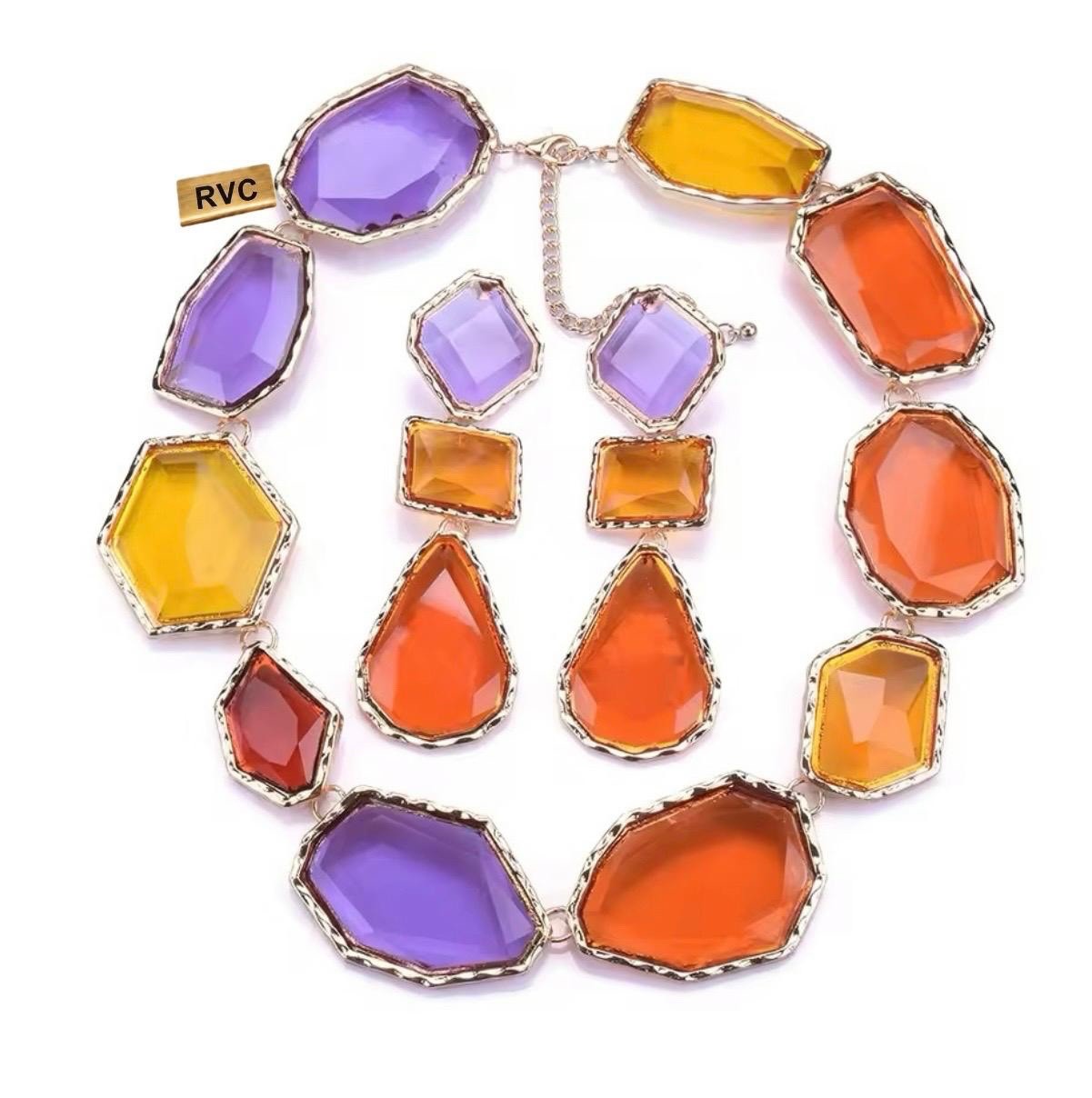 Multicolor Geometric Resin Choker & Earrings Set Statement Necklace Women NEW