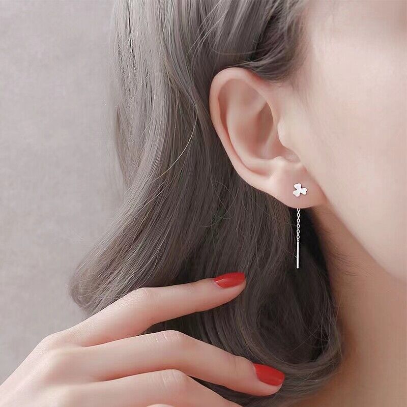 Elegant 999 Sterling Silver Earrings Love Heart Clover Chain Woman Jewelry US