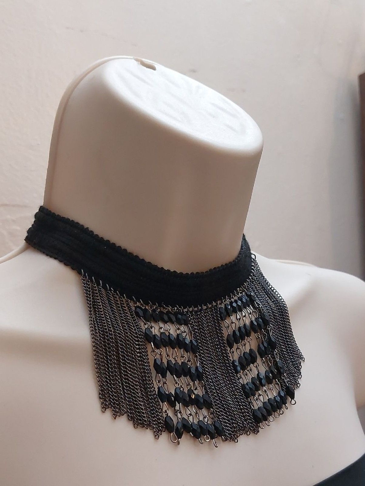 Goth Bohemian Black & Silver Beaded Chain Fringe Choker Statement Necklace