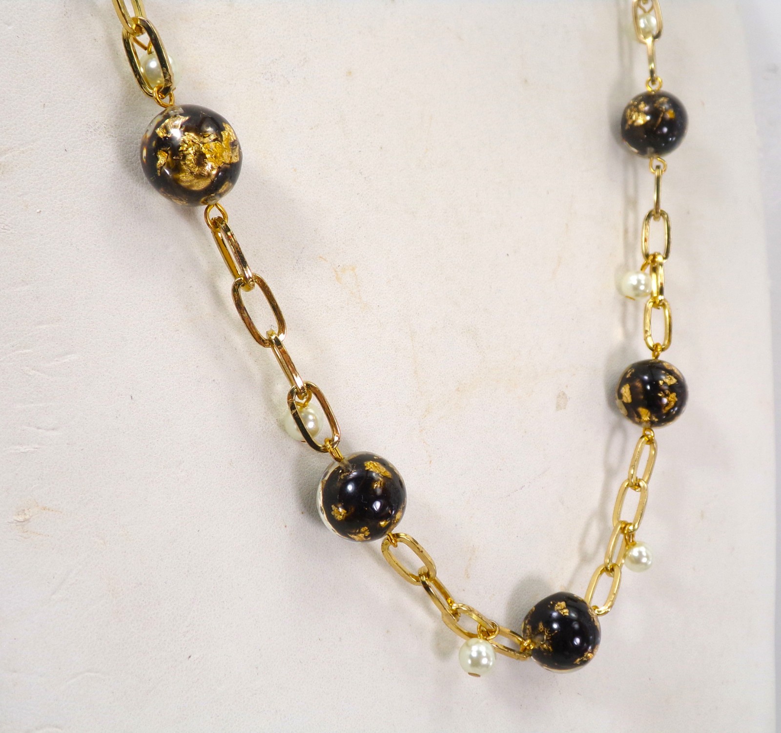 Black and gold leaf bead necklace with white pearls and gold link chain New