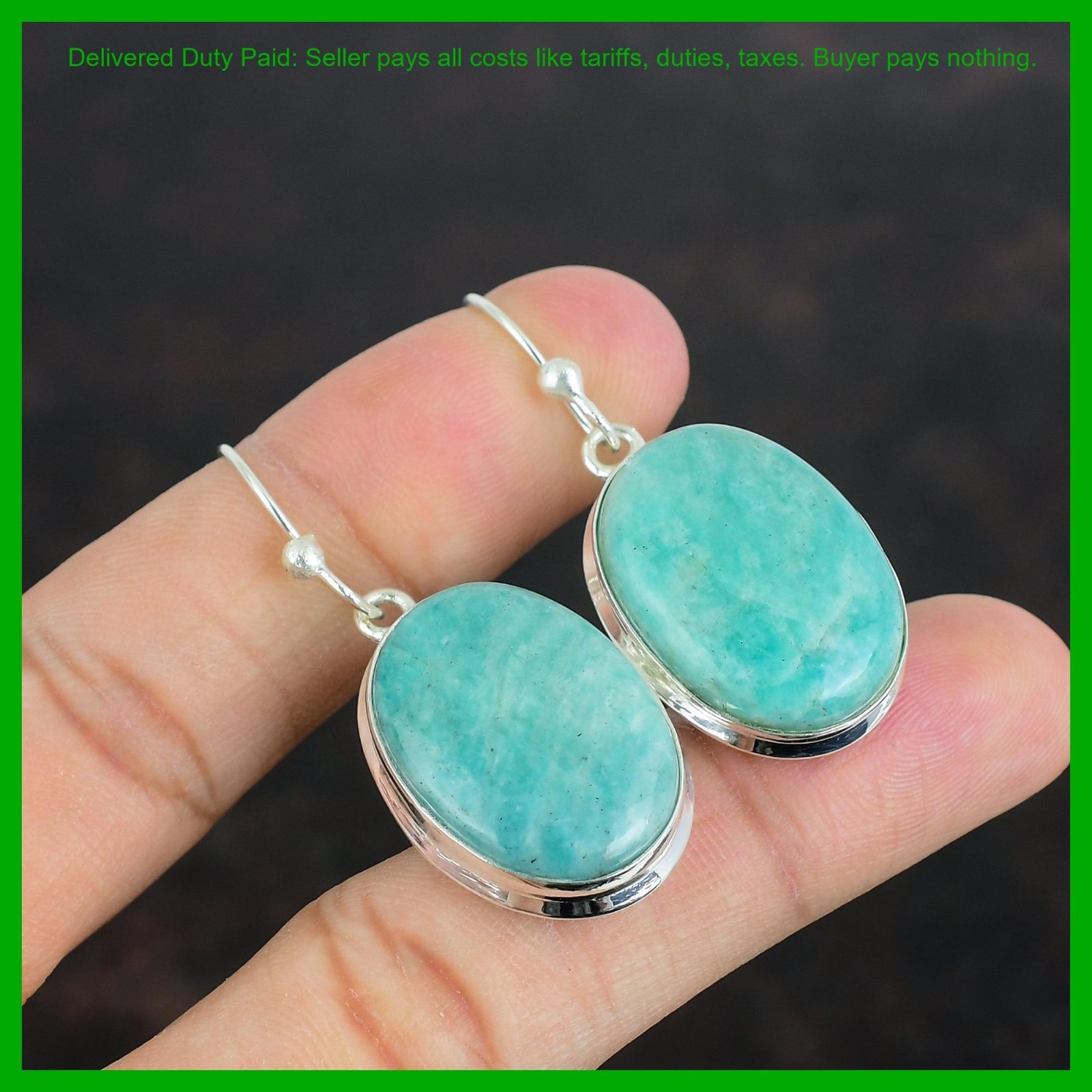 Oval Amazonite Gemstone Dangling Handcrafted Artisan Earrings Jewelry 925 Silver