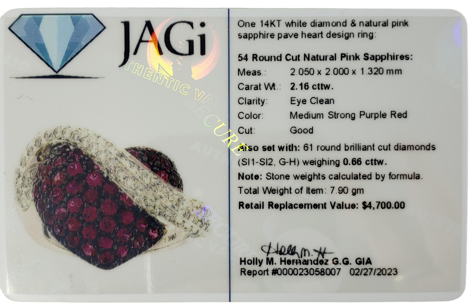 14K White Gold Pink Sapphire Diamond Heart Ring Size 4.25 #14005
