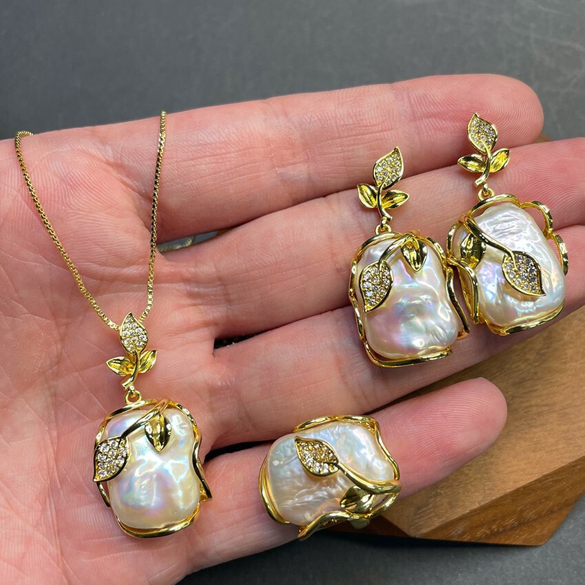 South Sea White Baroque Keshi Pearl Gold Hook Earrings+Ring+Pendant Necklace Set