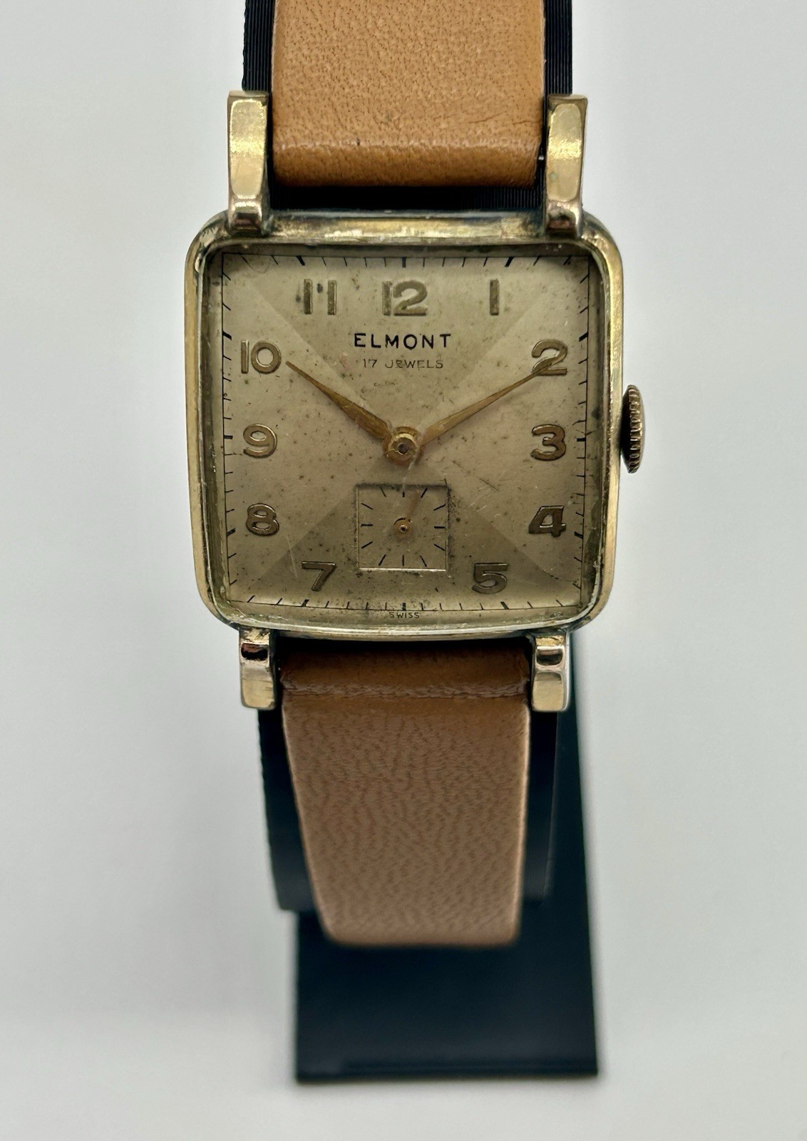 Elmont Swiss Made 17J Manual Wind Square Gold Tone Small Sec Brown Leather