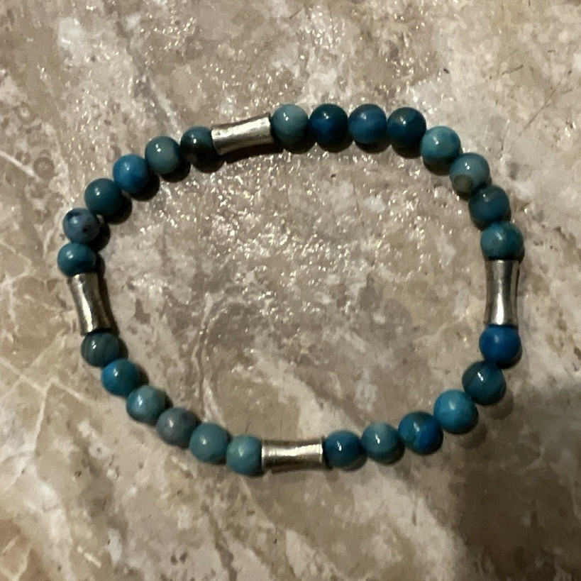 Blue Beaded Elastic Stretch Bracelet Round Stone Beads Silver-Tone Spacers