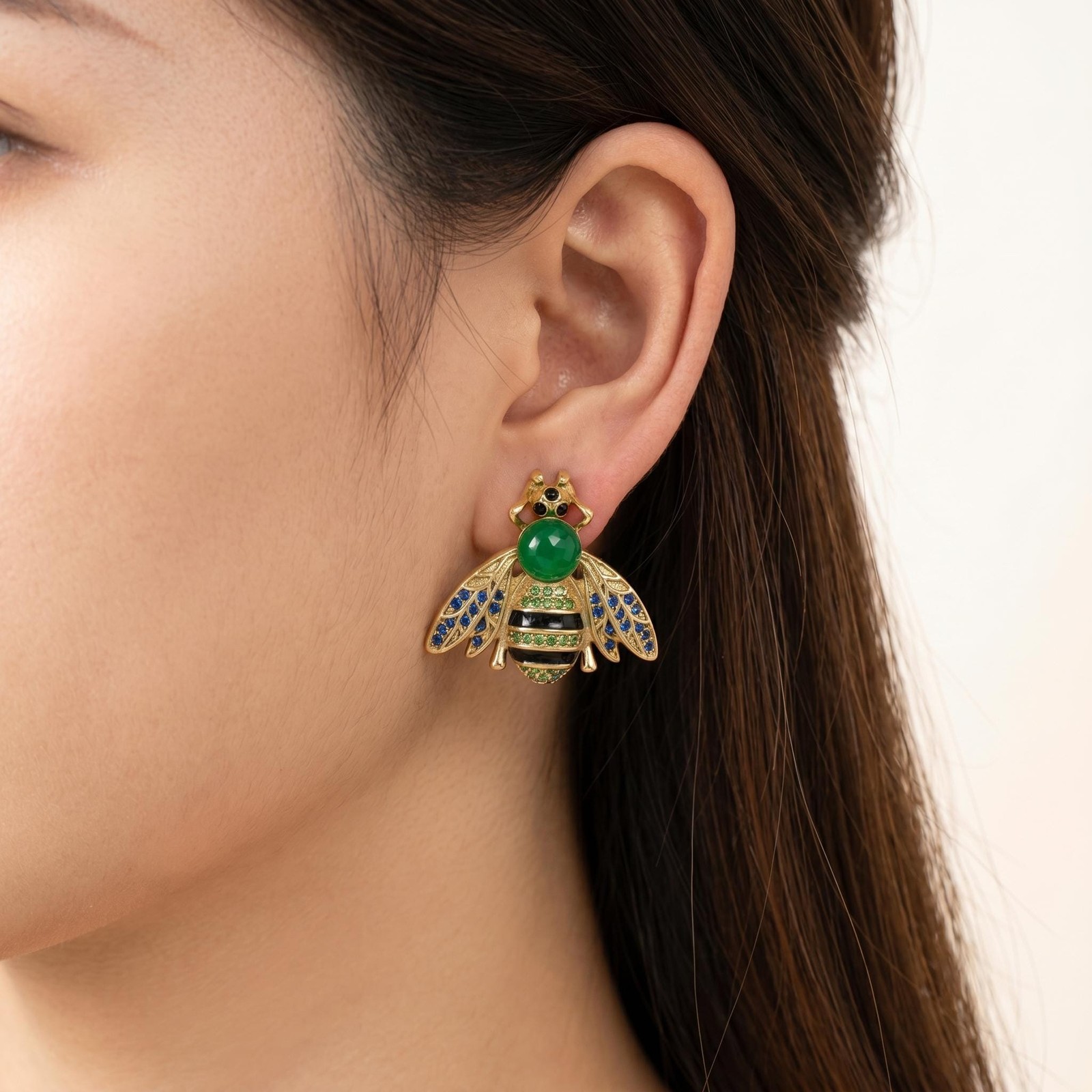 Antique Gold Bee Stud Earrings, Natural Stone Crystal Wings, Women’s Jewelry