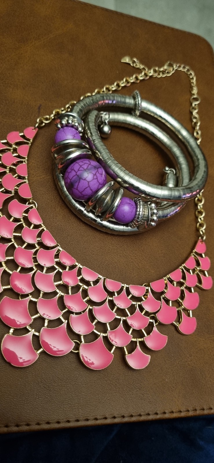 Pink Enamel bundle X 2 Gold-Tone Chain Clasp. Bangle Silver Wrap Purple Shade