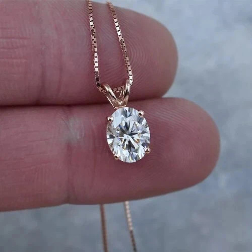 2Ct Oval Cut Real Moissanite Solitaire Pendent 14k Rose Gold Plated