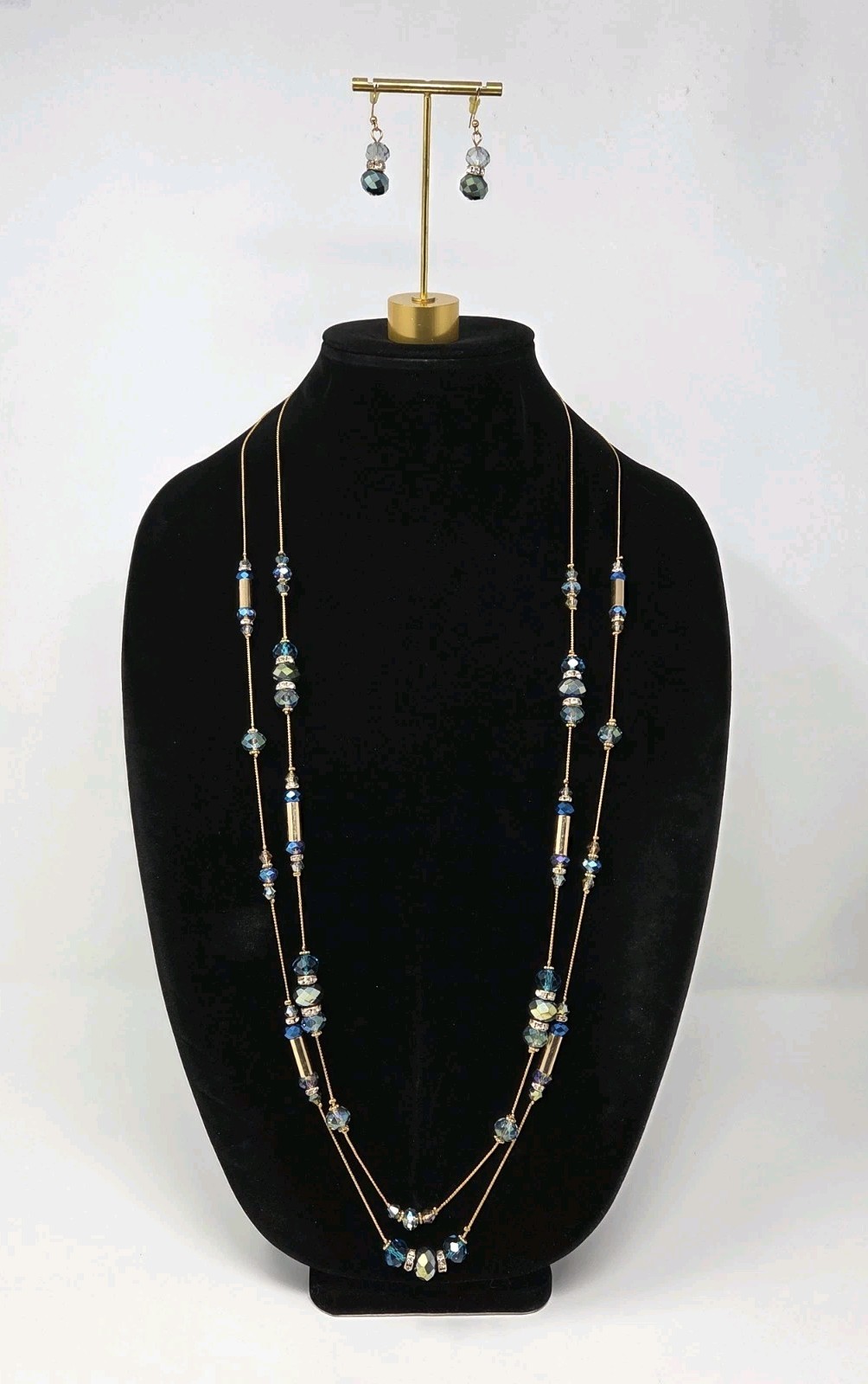 Gold Tone Iridescent Gray & Teal Crystal Long Station Necklace & Earrings Set