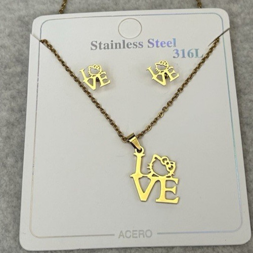 Set of Hello Kitty Love Inspired Necklace Gold Stainless Steel 17 ” & Earrings