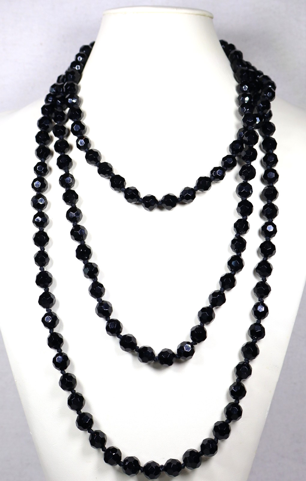 Vintage Art Deco French Jet Necklace 74″ Inch Length Faceted Black Beads