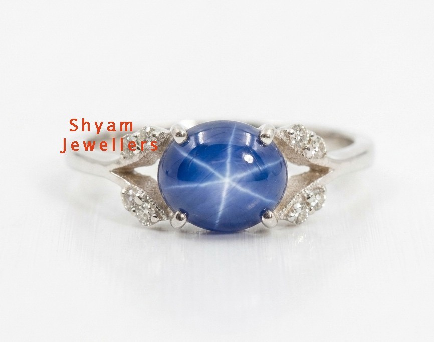 Pretty Blue Star Sapphire And Zircon 925 Sterling Silver Wedding Dainty Ring