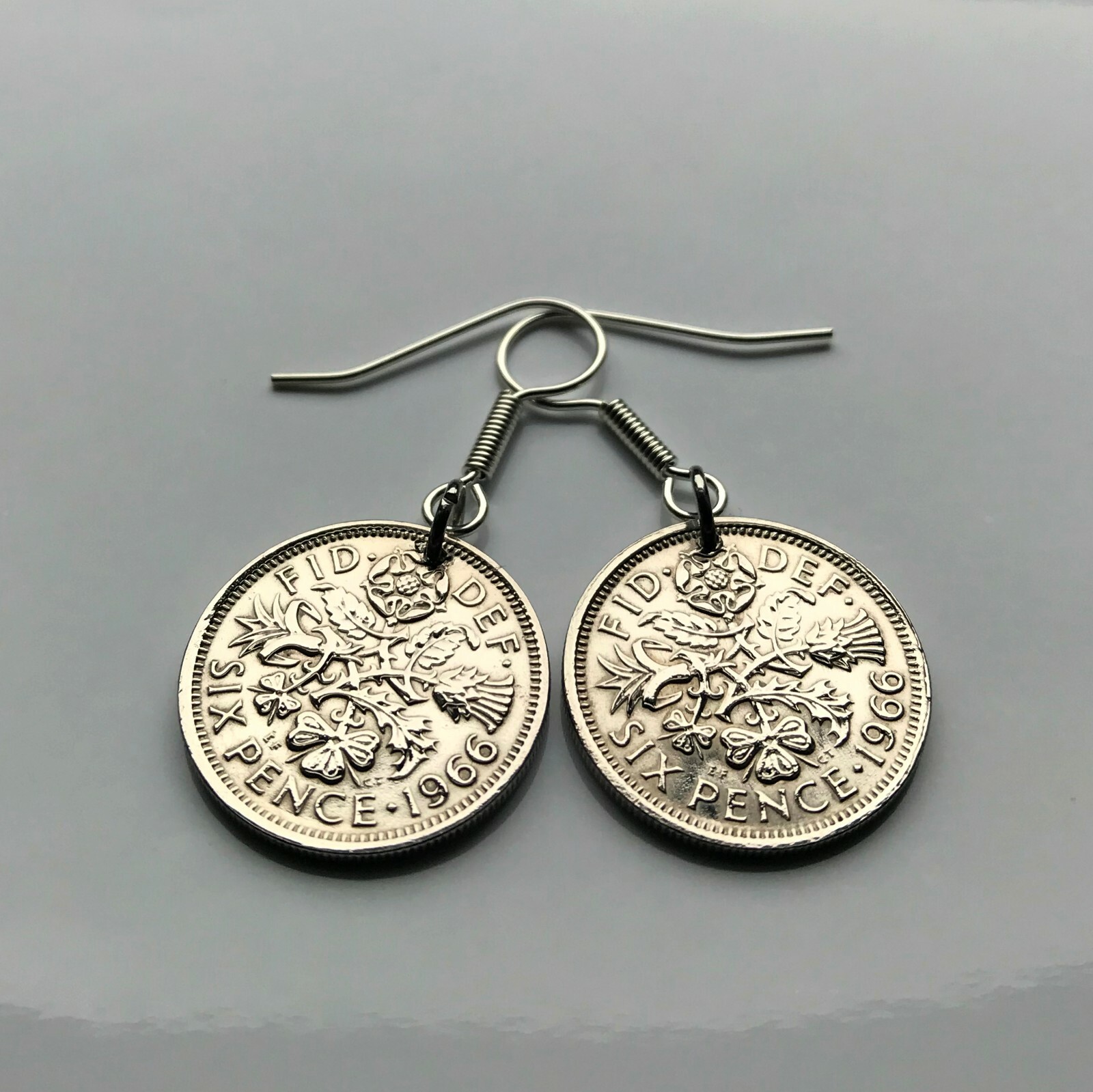 UK 6 Pence coin earrings wedding bride Tudor rose thistle shamrock leek e000011